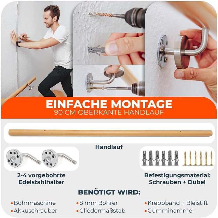 Abgerundeter Handlauf aus Buchenholz mit 2 Halterungen aus Stahl, Ø 45 mm, Länge 120 cm