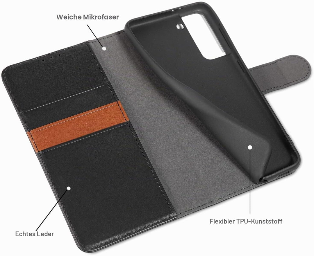 LENSUN Echtleder Hülle für Samsung Galaxy S21, Handyhülle [Echtes Leder] [Magnetverschluss] [RFID Sc