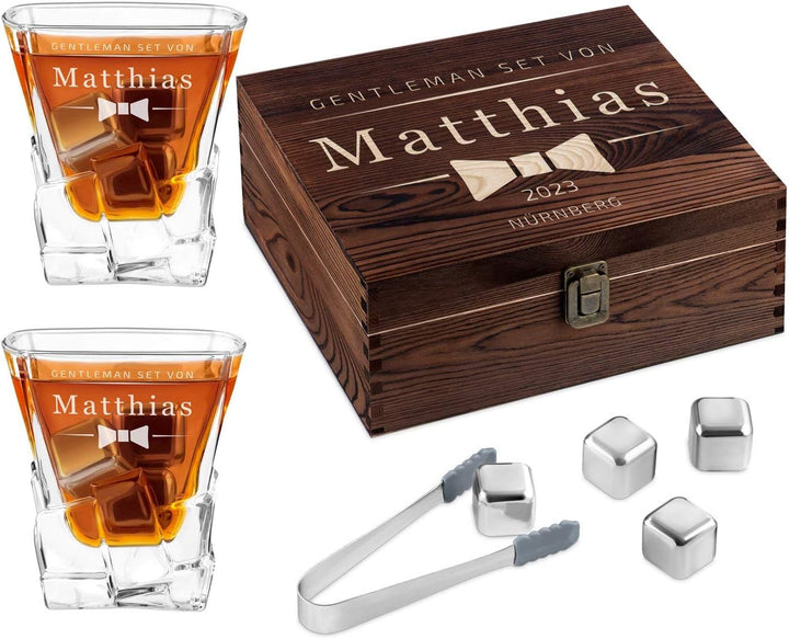 Maverton Whisky Steine Set - in Holzbox mit Gravur - 8 Eiswürfel + 2 Whisky Gläser + Zange + Samtbeu