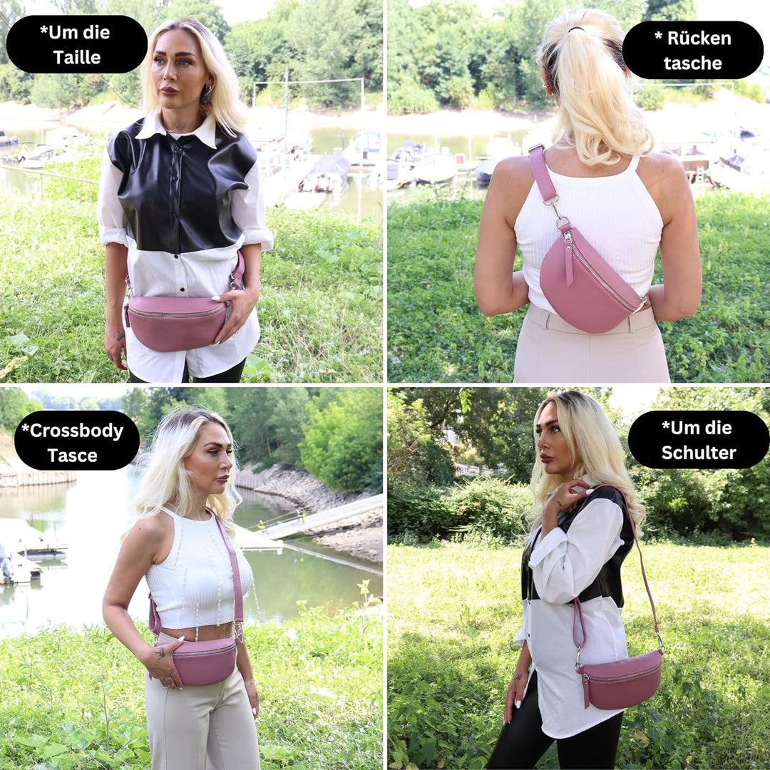 Blade Bauchtasche Damen Echtleder, stylische Gürteltasche Damen mit 2 gemusterten und Leder abnehmba