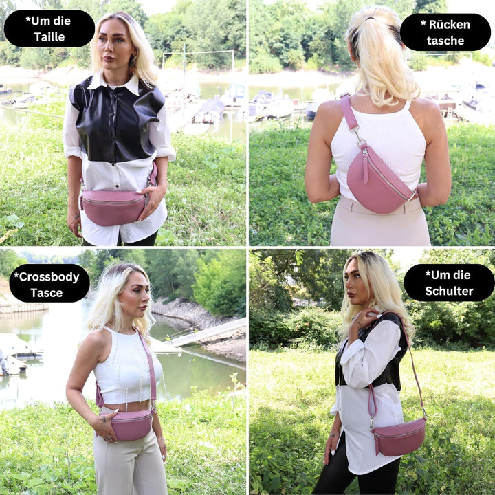 Blade Bauchtasche Damen Echtleder, stylische Gürteltasche Damen mit 2 gemusterten und Leder abnehmba