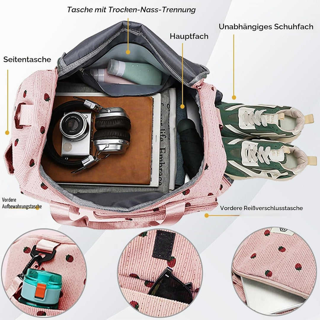 Reisetasche Damen, Sporttasche Damen mit Schuhfach, Nassfach and Kleine Geldbörse, Cord Schwimmtasch