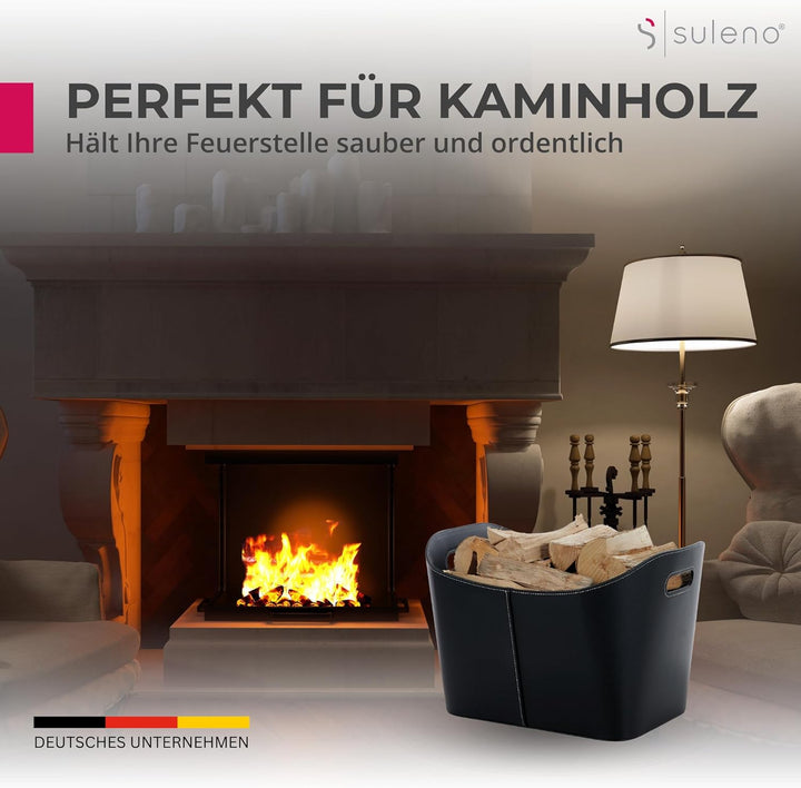 SULENO Holzkorb WEXFORD Brennholzkorb Kunstleder schwarz (XL - 46 x 40