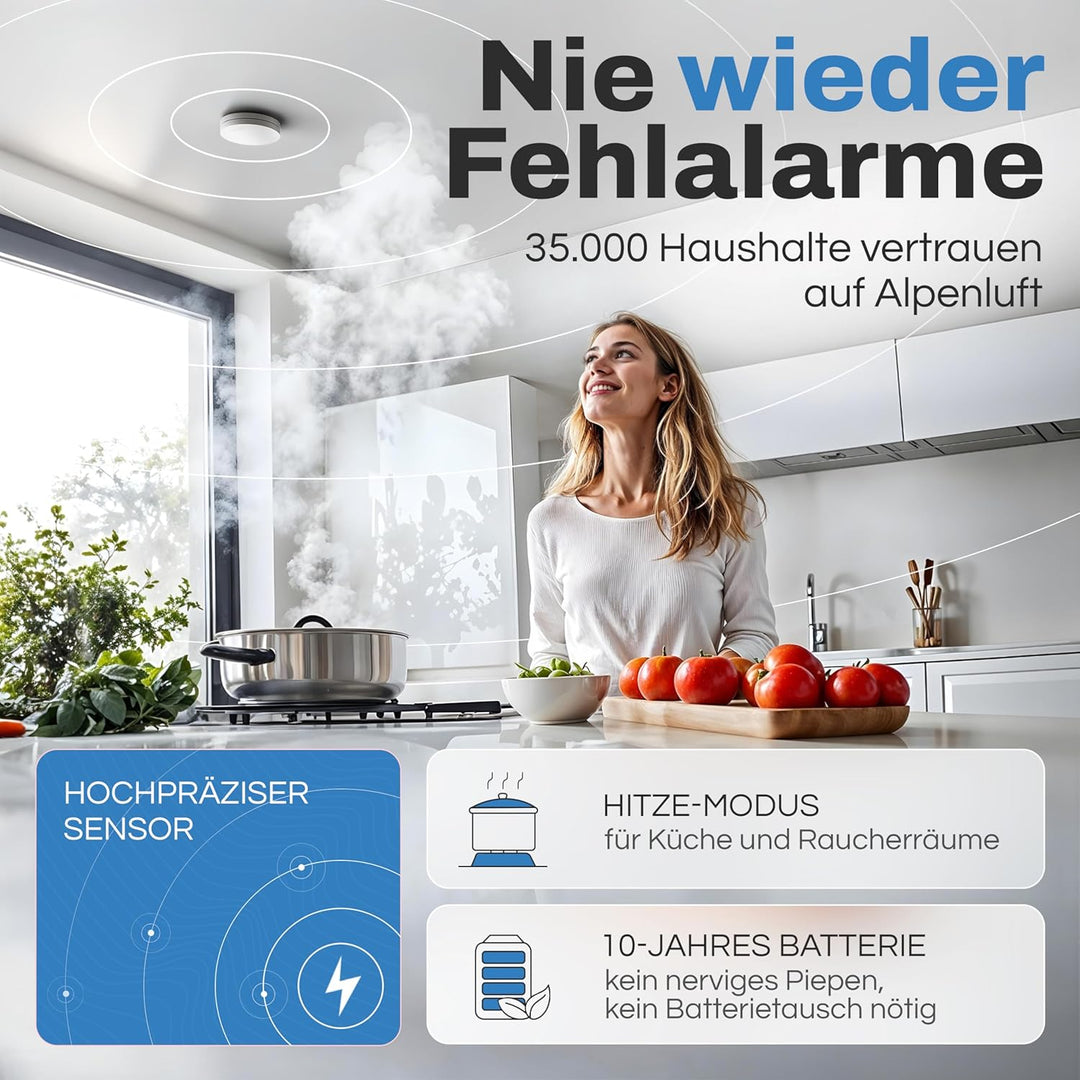 ALPENLUFT Rauchmelder Funk Vernetzt 10 Jahre Batterie, Rauchwarnmelder & Hitzemelder 2in1, Feuermeld