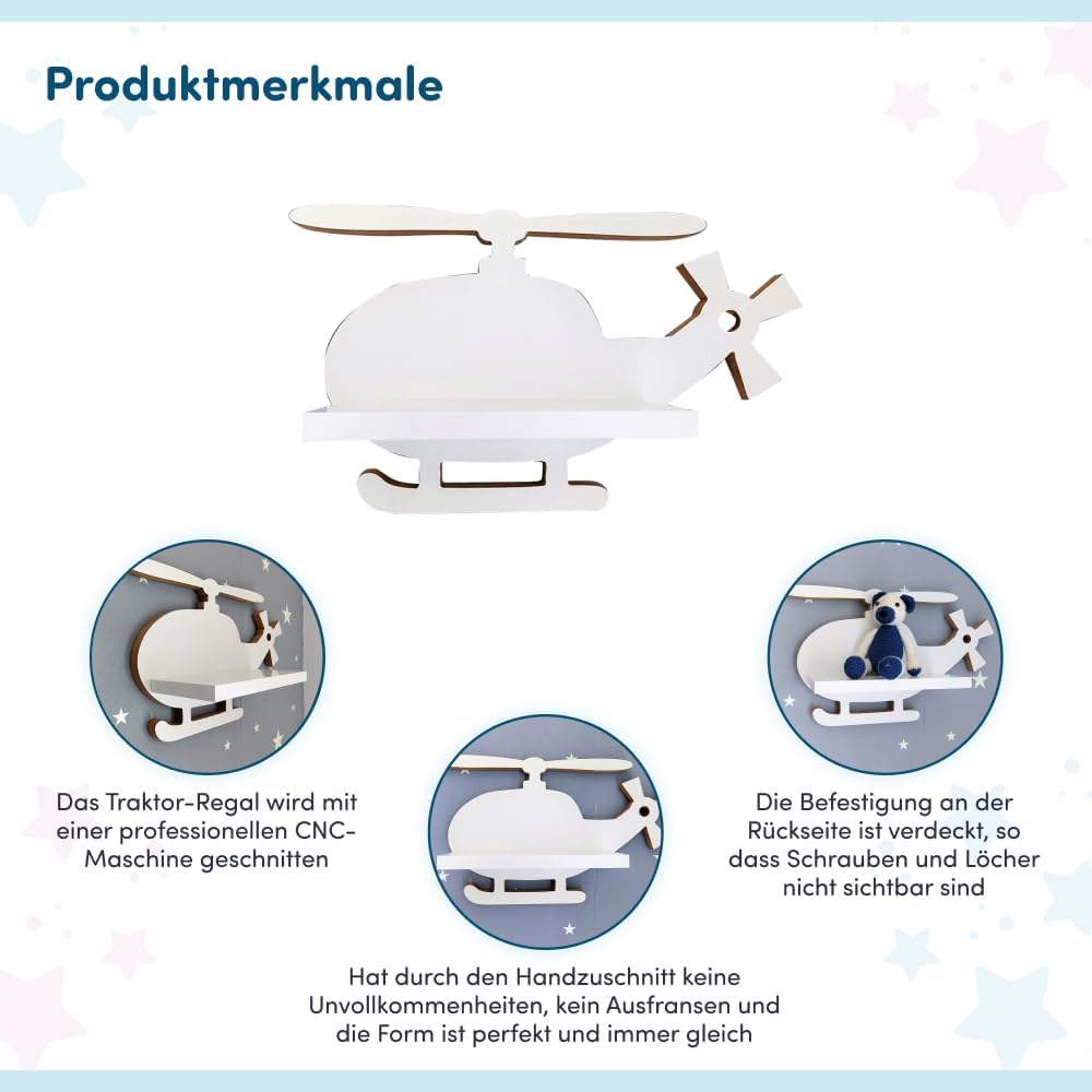 Regal Helicopter Hubschrauber | Weisses Hängendes Regal als Dekoration für Kinderzimmer | Skandinavi