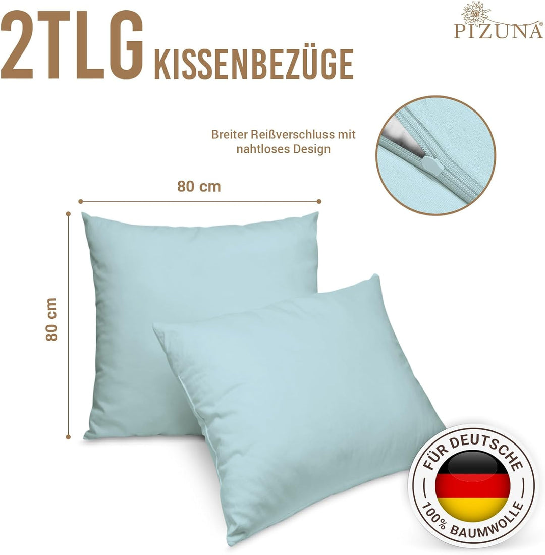 Pizuna Luxury Soft Satin Pack of 2 Pillowcases 80 x 80 cm Baby Blue 800 Thread Count Cotton Square P