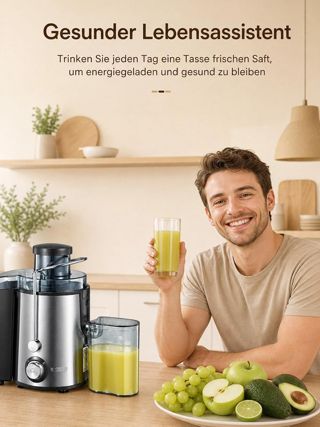 Juilist Entsafter 800W Max, 304 Edelstahl, 2 Geschwindigkeiten, 65 mm Einfüllschacht – einfache Rein