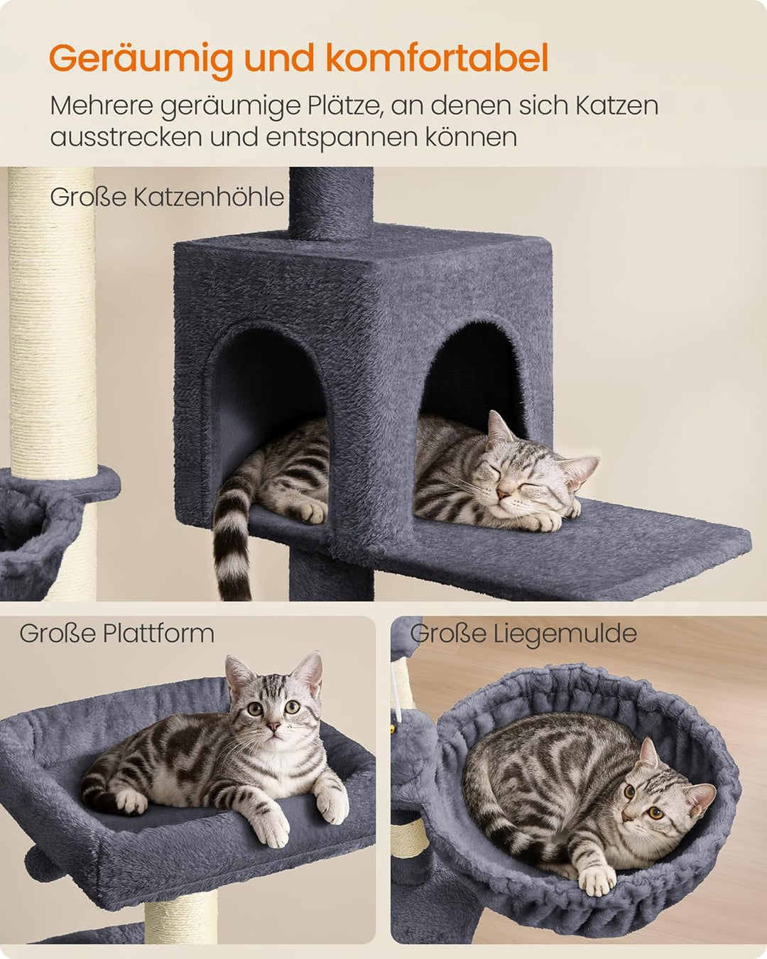 Feandrea Kratzbaum, 175 cm hoch, XL, mehrstöckiger Katzenbaum mit 2 Höhlen, 2 Liegemulden, 8 Kratzsä