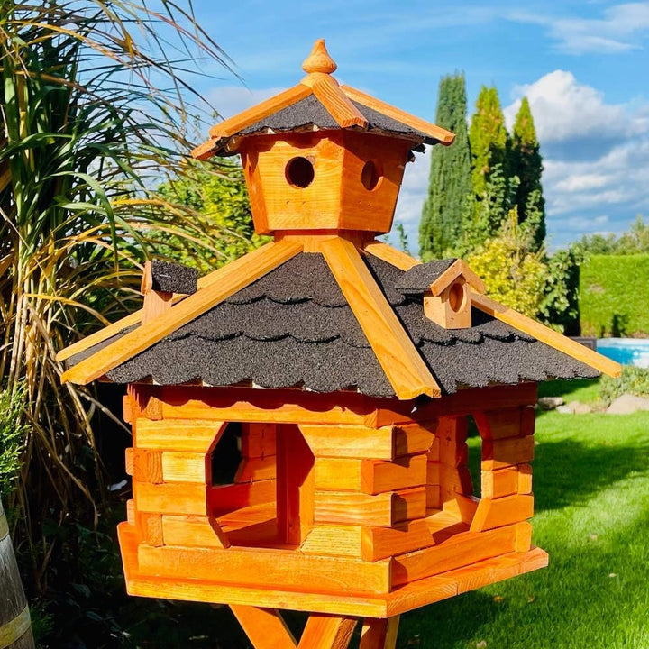 handgefertigtes Sechseck Vogelhaus aus Holz wetterfest M - XXL mit und ohne Ständer, Futterhaus, Fut