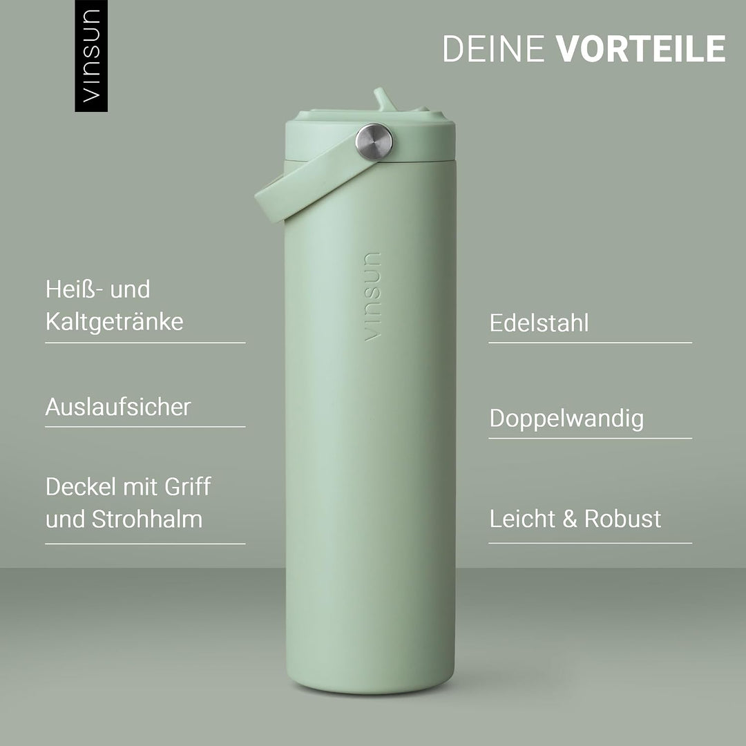 Vinsun Trinkflasche Edelstahl grün 750ml - Strohhalm &amp; Flexible Tragegriff Grün 750 ml, Grün 750 ml