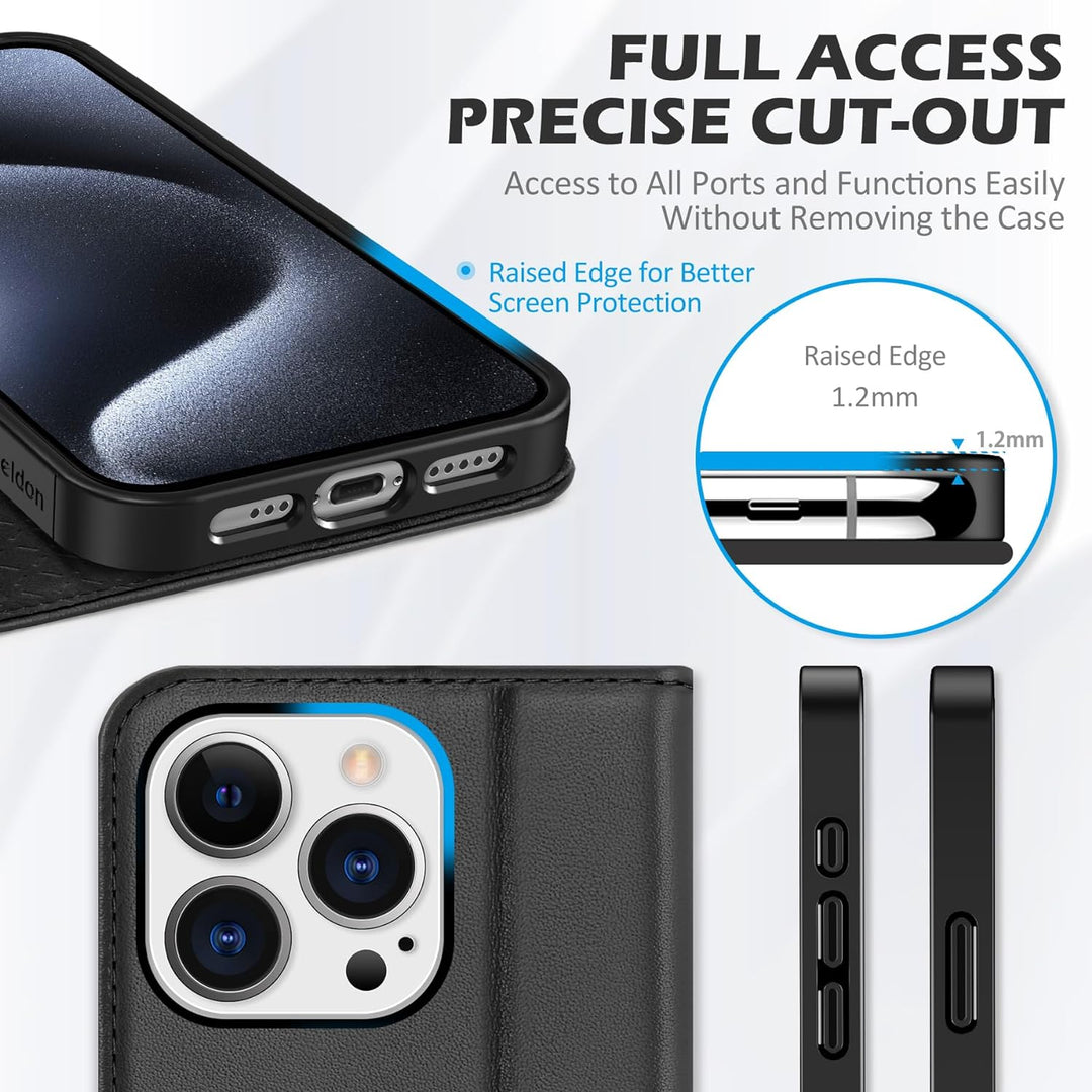 SHIELDON Hülle für iPhone 15 Pro 5G, Handyhülle [Echtleder] [Kartenfach] [Magnet] [Standfunktion] [R