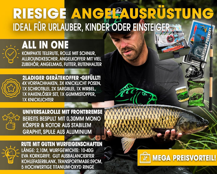 Riesiges Angelset Angelausrüstung Rute Gerätekoffer Kescher Angelkomplettset