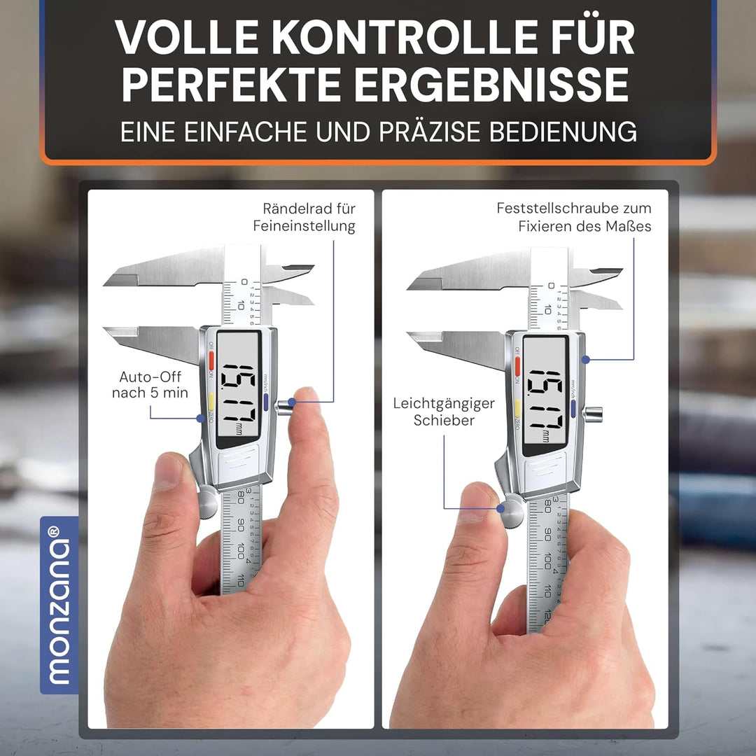 MONZANA® Messschieber Digital Edelstahl 150mm LCD Display Aufbewahrungsbox Ersatzbatterie Schieblehr