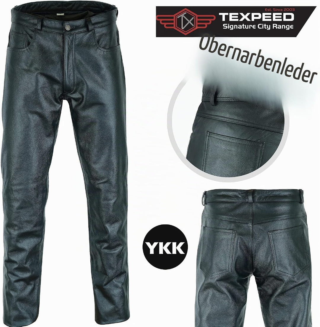 Lederjeans Herren Rindsleder Top-Grain Echtleder - Lässige Motorrad Biker Hosen Schwarz, S
