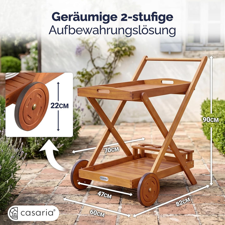 Casaria Servierwagen mit Rollen FSC®- zertifiziertes Akazien Holz 2 Ebenen Tablett Flaschenhalter Kü