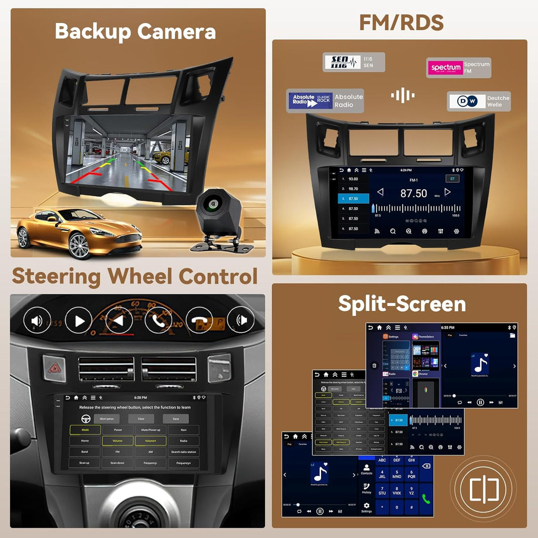 Hikity Android 15 4+128GB Autoradio für Toyota Yaris/Vitz 2005-2011 mit 9 Zoll Incell Touchscreen, A