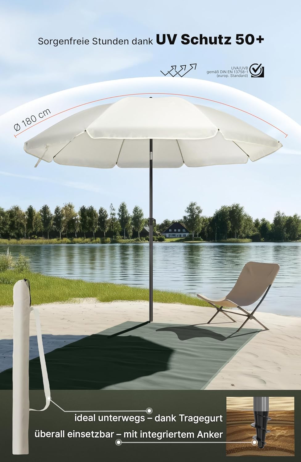4smile Sonnenschirm Strand SunnyJoy, Beige - UPF 50+ Strandschirm Ø 180 cm, sicherer Sonnenschutz St