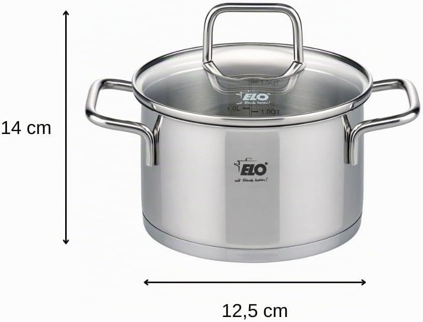 ELO 7241226 Kochtopf, Edelstahl, Induktion, Kochtopf aus Edelstahl, 12 cm, Kochtopf mit Glasdeckel,