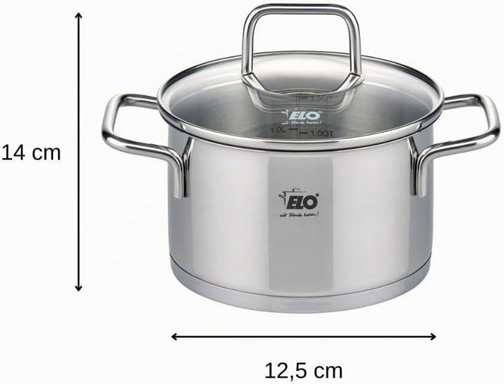ELO 7241226 Kochtopf, Edelstahl, Induktion, Kochtopf aus Edelstahl, 12 cm, Kochtopf mit Glasdeckel,