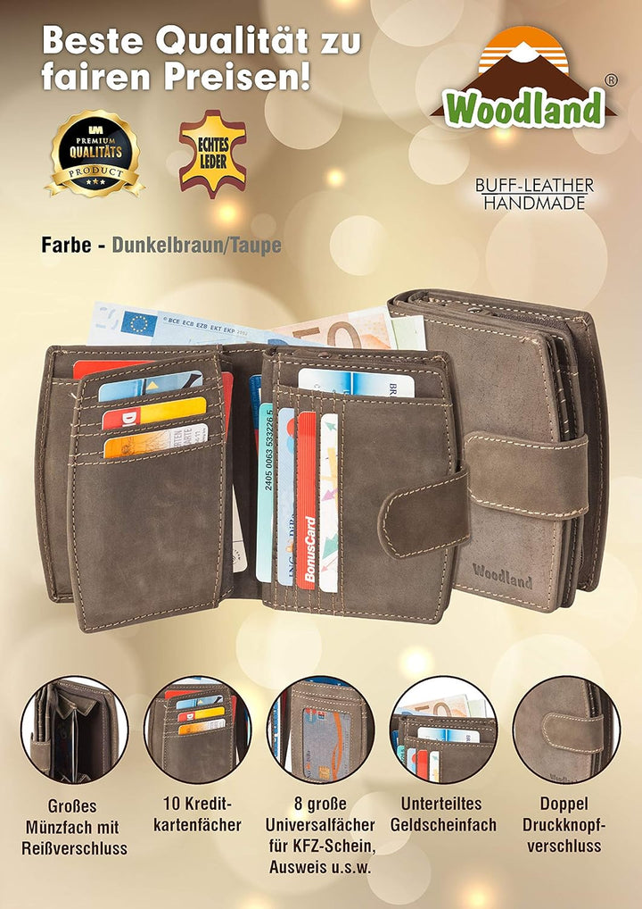 Woodland KOMPAKTE DAMENBÖRSE 18 EINSTECKFÄCHER Naturbelassenes Büffelleder Dunkelbraun/Vintage