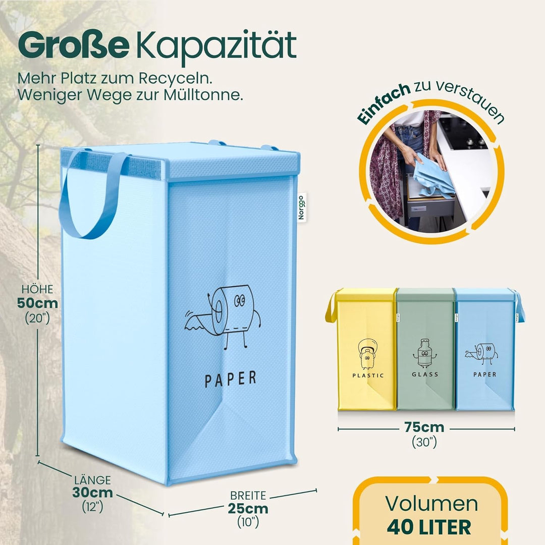 Norggo Set aus 3 Müllsäcken für Mülltrennung, 40L - Mülltrennsystem 3fach für Papier, Kunststoff und