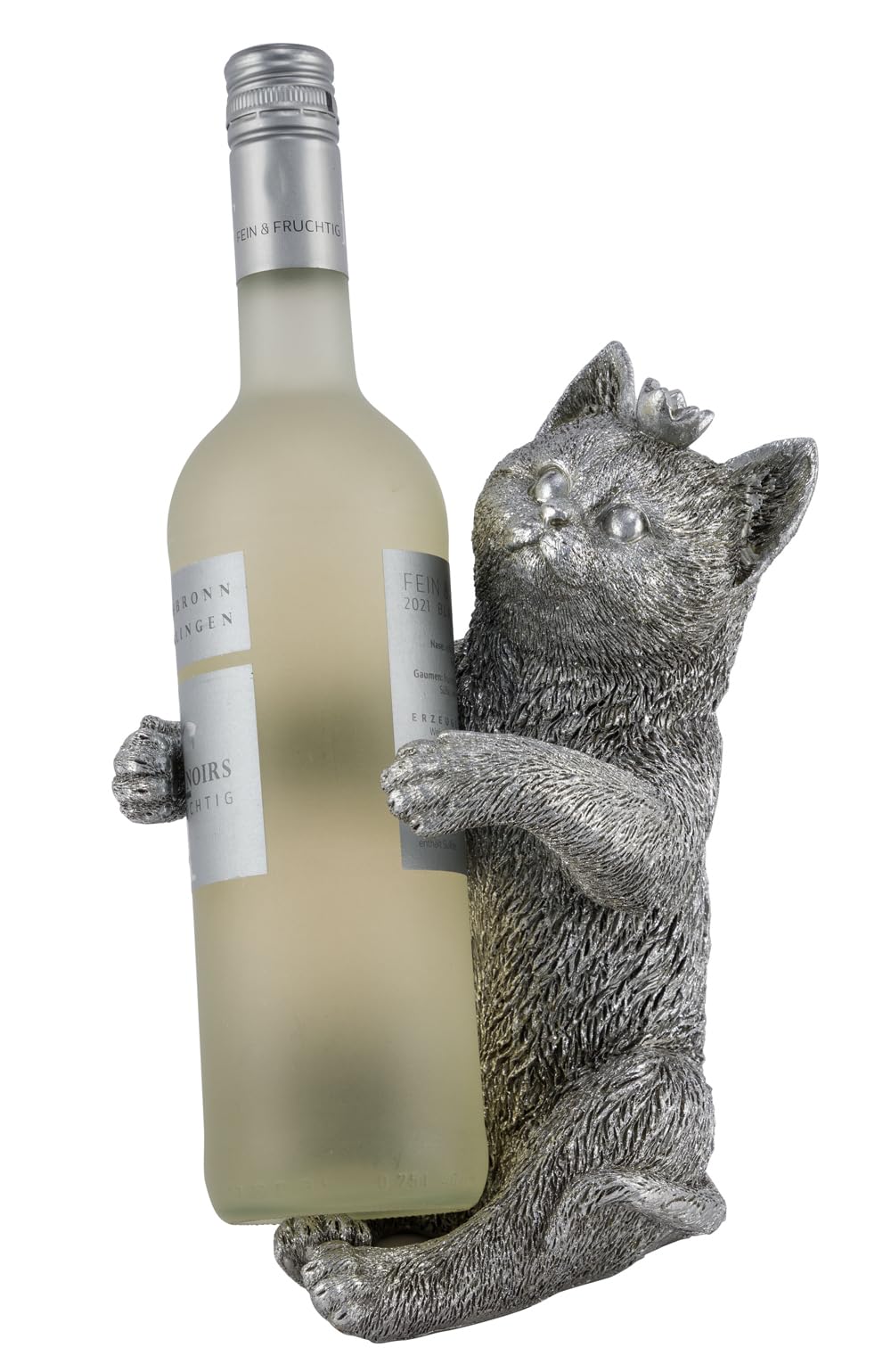 Flaschenhalter Katze mit Krone, Silber - Skulptur, Wein Flaschen Halter, Flaschenständer, Geschenkid