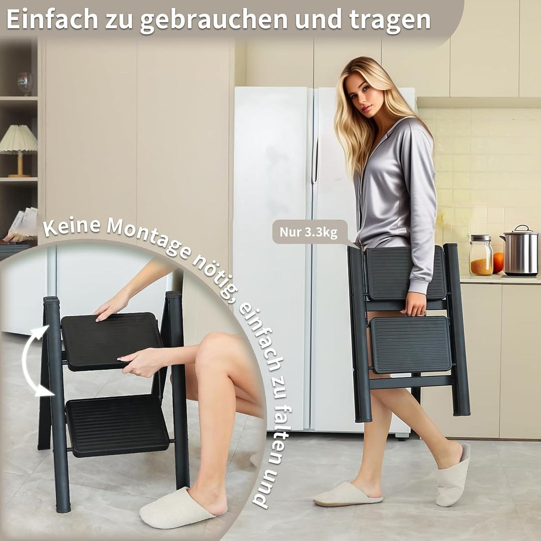 Trittleiter Klappleiter Robuster Stahlrahmen, 150 kg Tragkraft Klappbar Design mit Anti Rutsch Oberf