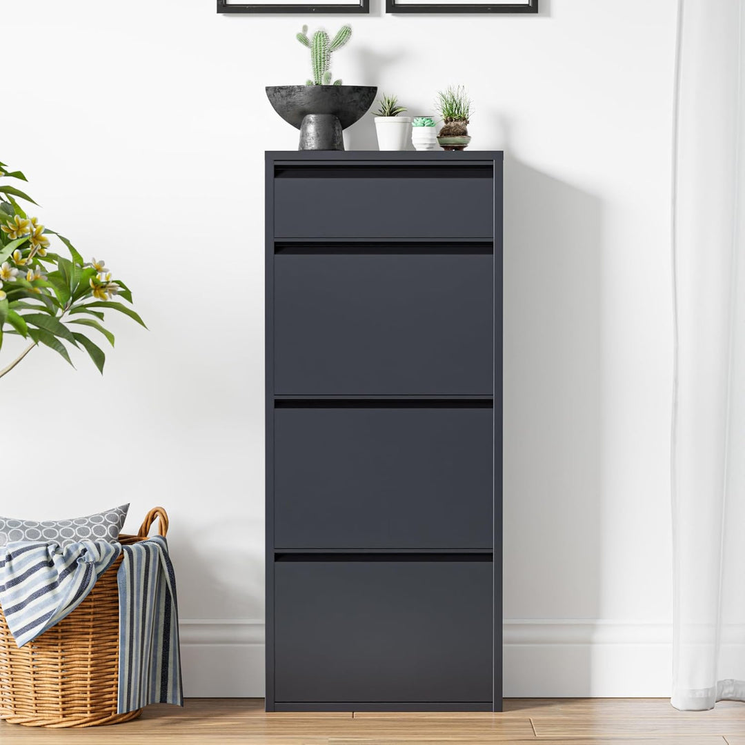 [en.casa] Schuhschrank Sokndal Schuhkipper mit 4 Klappen Metall Schuhkommode für 6 Paar Schuhe 118 x