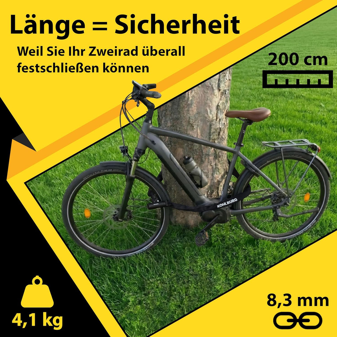 KOHLBURG 200cm Sicherheits- Kettenschloss - Schloss mit 8,3mm starker 4-Kantkette aus Spezialstahl-
