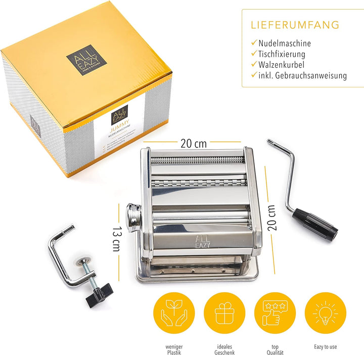 ALL EAZY HOME & KITCHEN Nudelmaschine manuell aus Edelstahl • Pasta Maker 3-in-1 für Nudeln und Teig