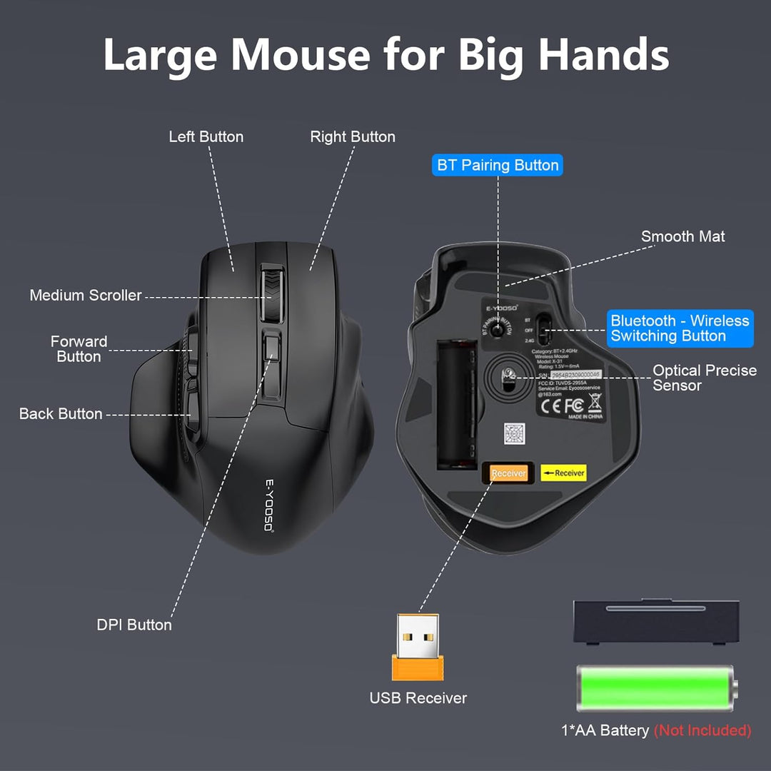 Bluetooth-Maus Grosse Maus für grosse Hände, Wireless Mouse Kabellos mit Tri-Mode (Bluetooth 5.0/4.0