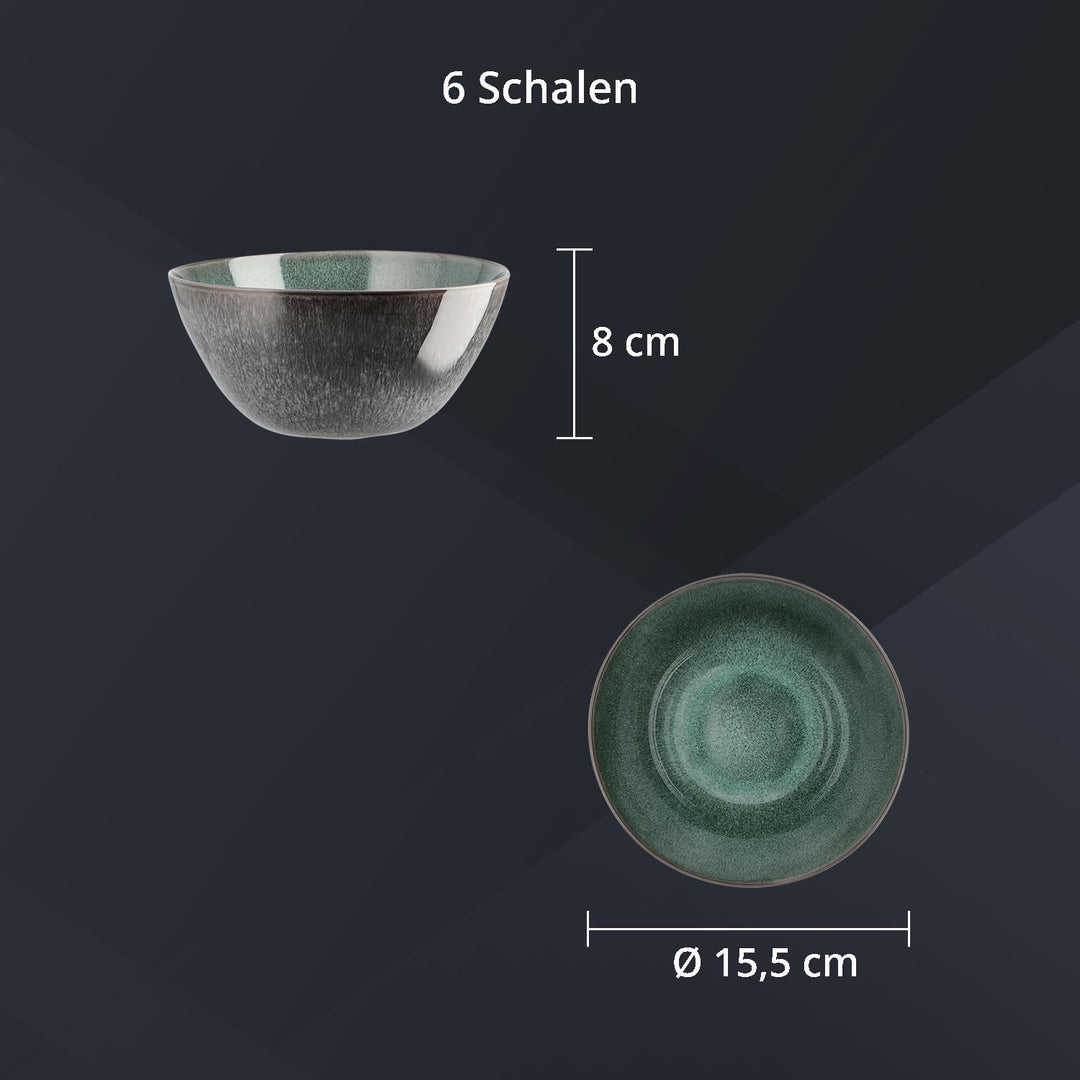 Peill+Putzler Germany 6er-Set Schalen in grün aus Steinzeug, Geschirr für 6 Personen, Schalen mit 15