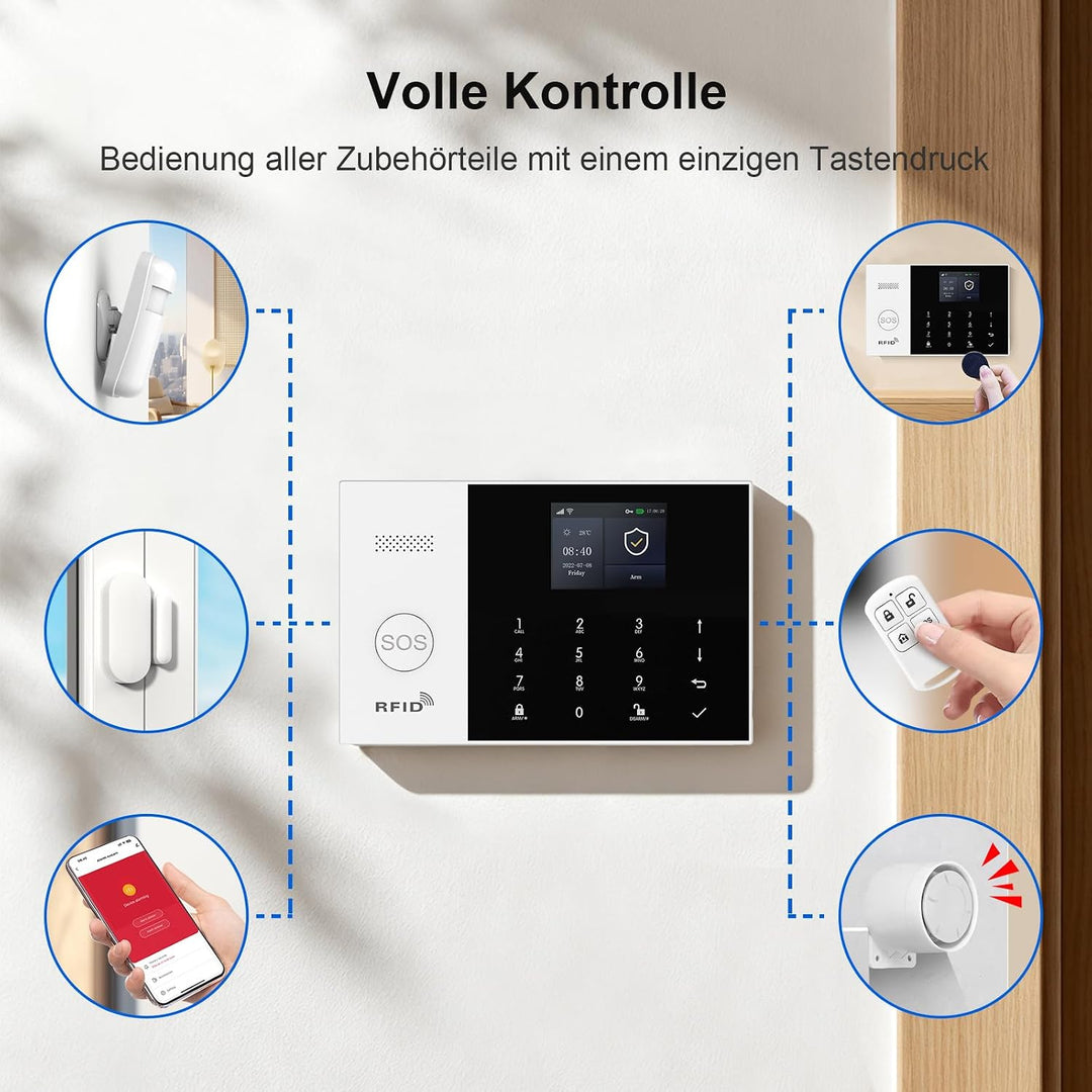GSM Smart-Home-Sicherheitsalarm-Kit, drahtloses WiFi-Heimalarmsystem mit Sirene, PIR-Bewegungssensor