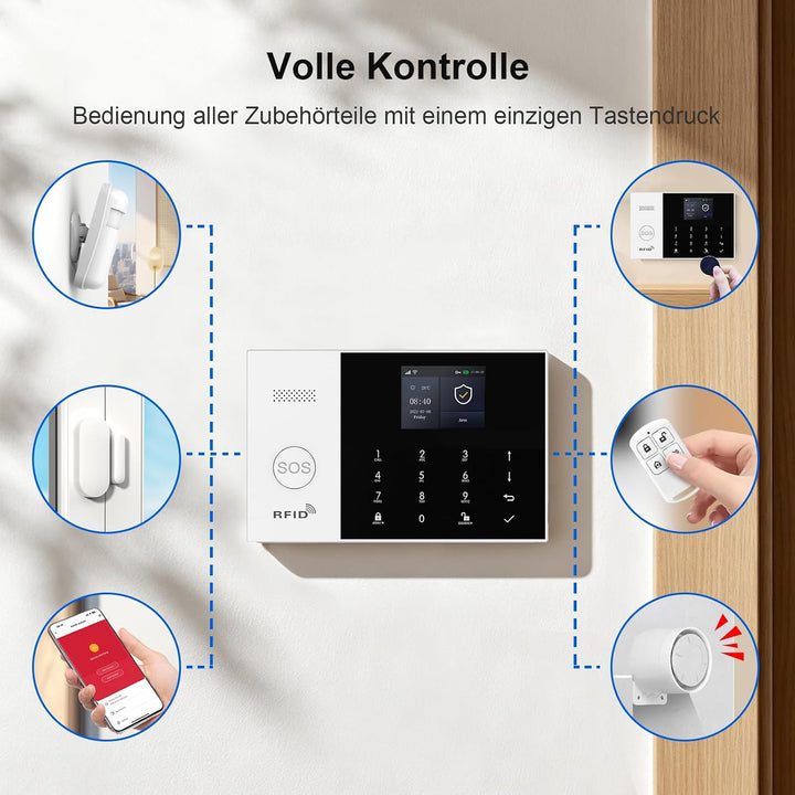 GSM Smart-Home-Sicherheitsalarm-Kit, drahtloses WiFi-Heimalarmsystem mit Sirene, PIR-Bewegungssensor