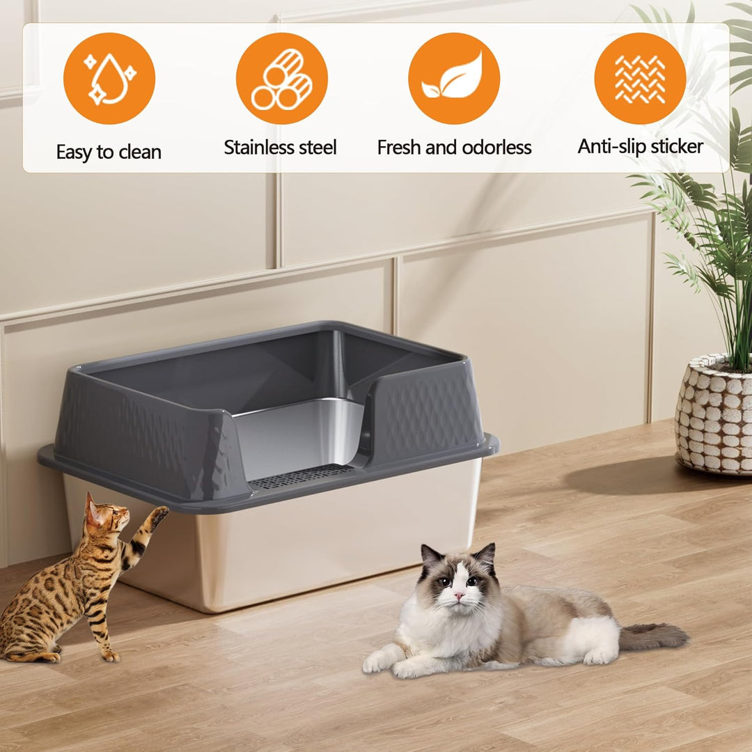 Vealind Katzenklo Edelstahl mit Deckel Gross Katzentoilette Metall Katzenklo Hoher Rand Offen Katzen