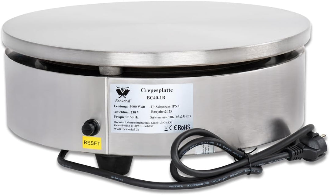 Beeketal 'BC40-1R' Gastro Crepes Maker mit Ø 400 mm antihaft Crepesplatte, 50-300 °C stufenlos einst