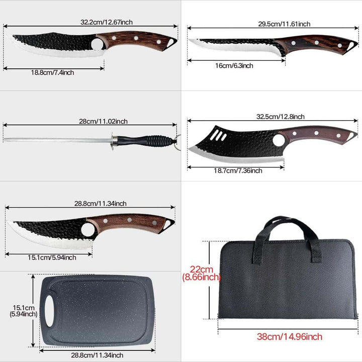 6 Pcs Kochmesser Set Mit Tasche, Küchenmesser, Wetzstahl,Schneidebrett, Handgeschmiedet Chefmesser,