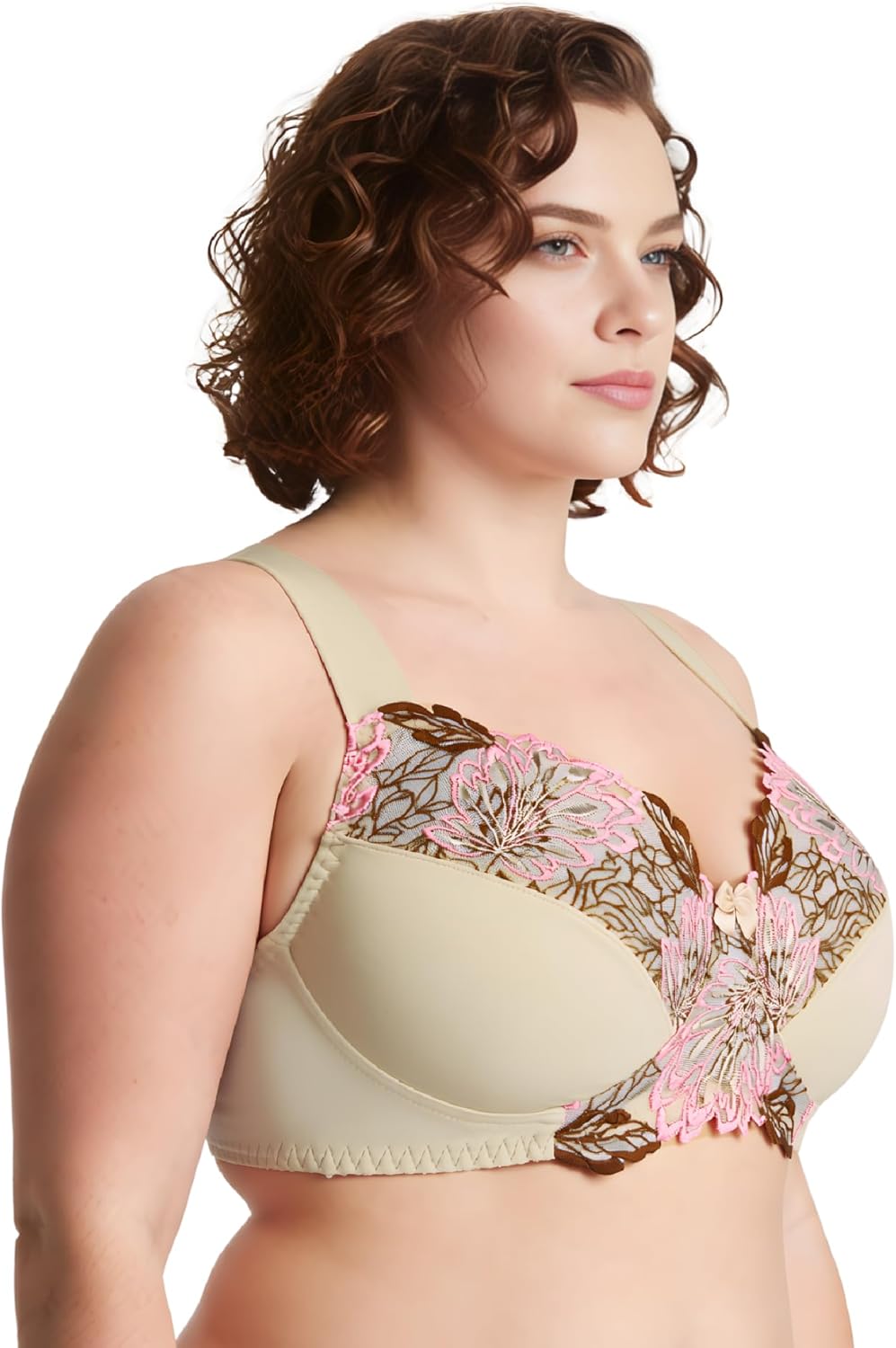 Curve Muse Damen Übergrösse Minimizer Kabellos Ungefütterter BH mit Stickspitze-2er Pack 75D Nude,bl