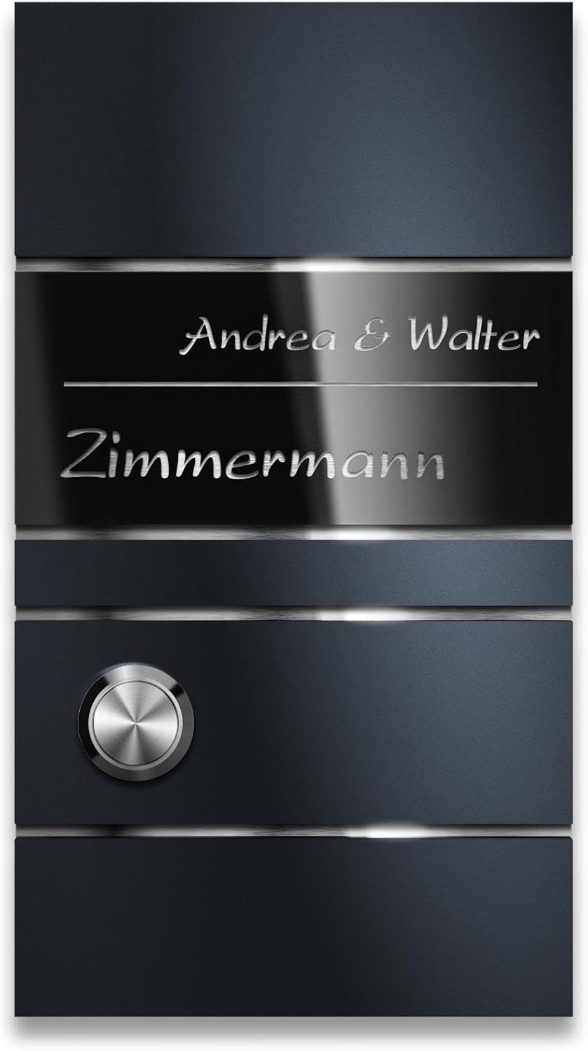 Metzler® Funkklingel mit gravierbarem Namensschild und LED-Taster anthrazit RAL 7016 kabellos aufput