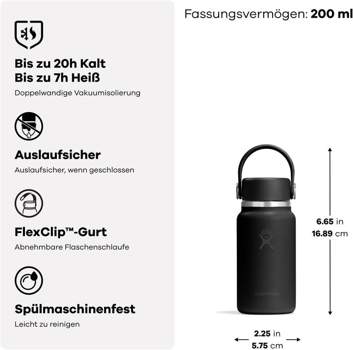 Hydro Flask – Micro Hydro 200 ml (6.7 oz) – Auslaufsichere, isolierte Mini-Flasche mit Clip-On-Trage