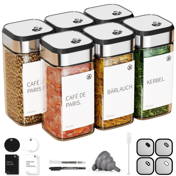 Miorkly Gewürzgläser Eckig mit Streueinsatz 6er, Gewürzstreuer Glas 120 ml-Gewürzdosen set-Gewürz Or