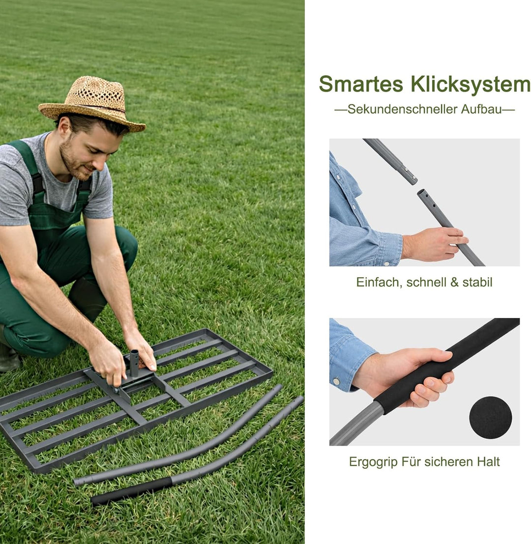 Lawn Levelling Rake Ergonomic with Click System 80 x 30 x 197cm, Rasenrechen Garden Grass Squeegee S