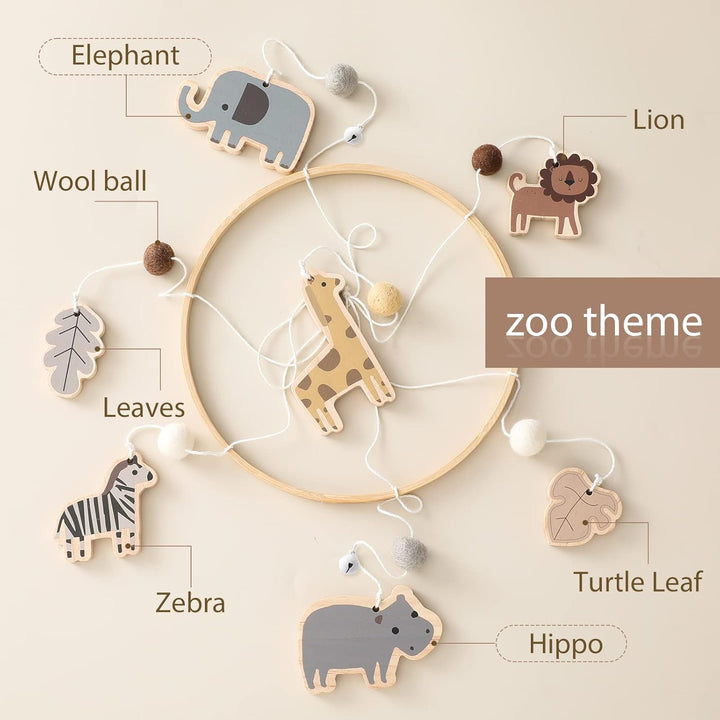 Mobile Baby Tier Windspiele mit Filzbällen Giraffe Löwe Elefant Zebra Babyzimmer Holz Gehäkelt Neuge
