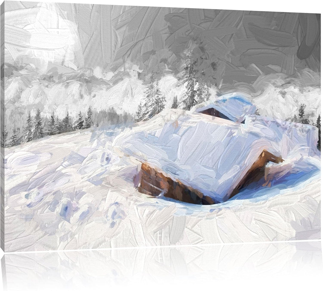 hübsche verschneite Berghütten in den Alpen Format: 100x70 auf Leinwand, XXL riesige Bilder fertig g