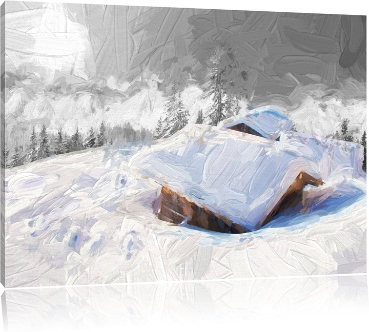 hübsche verschneite Berghütten in den Alpen Format: 100x70 auf Leinwand, XXL riesige Bilder fertig g