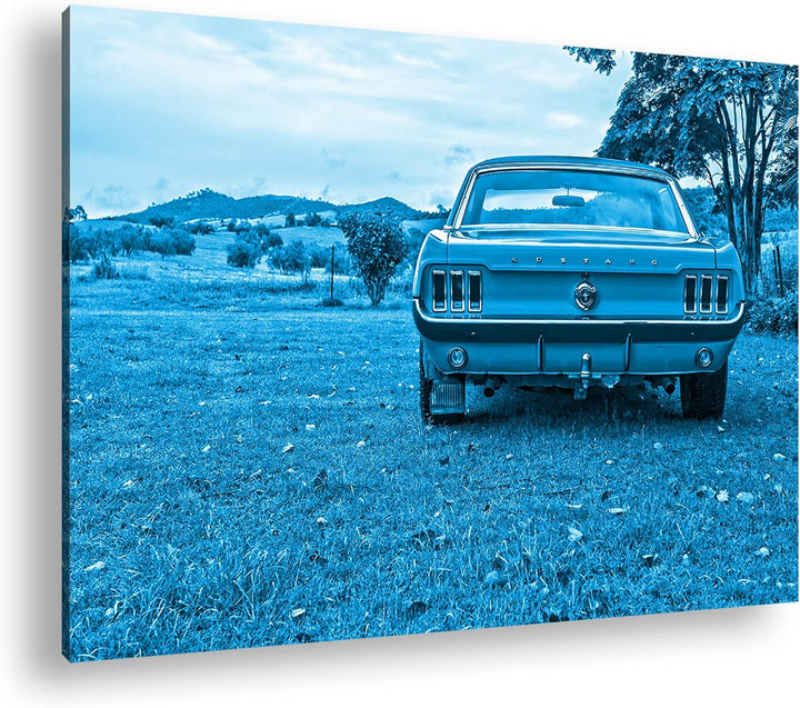 deyoli alter Mustang Format 80x60 Effekt: Monocrome Blau als Leinwandbild, Motiv fertig gerahmt auf