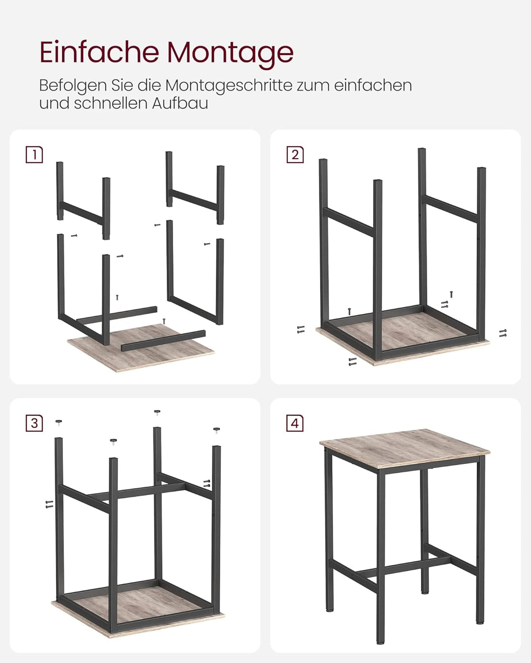 VASAGLE Bartisch, Stehtisch, Küchentisch, hoch, mit Stahlgestell, 60 x 60 x 92 cm, einfache Montage,