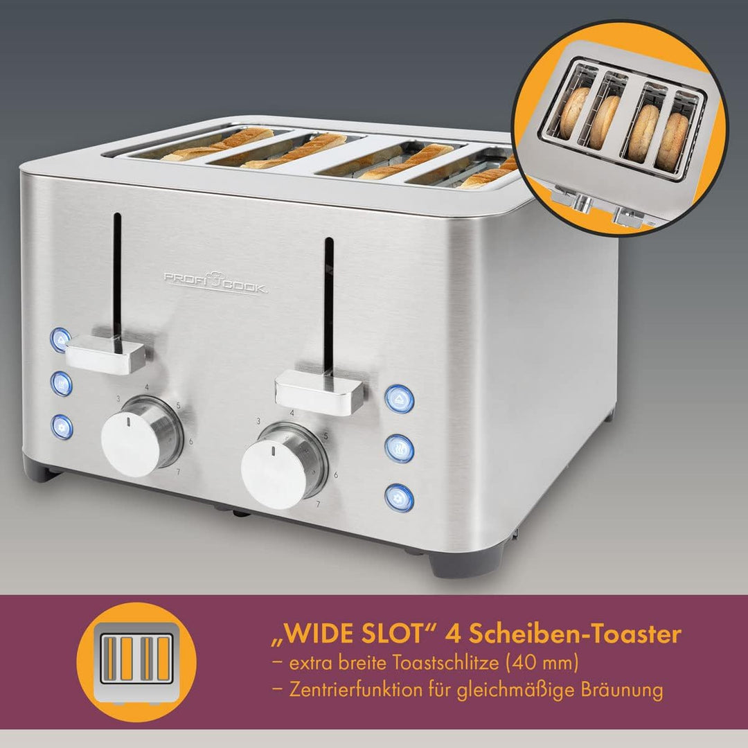 ProfiCook Toaster, Toaster 4 Scheiben, mit 2 getrennten Bedienelementen, Auftau-, Aufwärm-/ Schnells