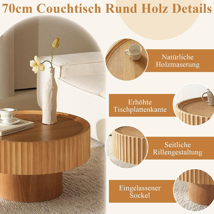 Couchtisch Rund Holz, Coffee Table mit Geriffeltem Design, Wohnzimmertisch Rund in Pilzform mit Den