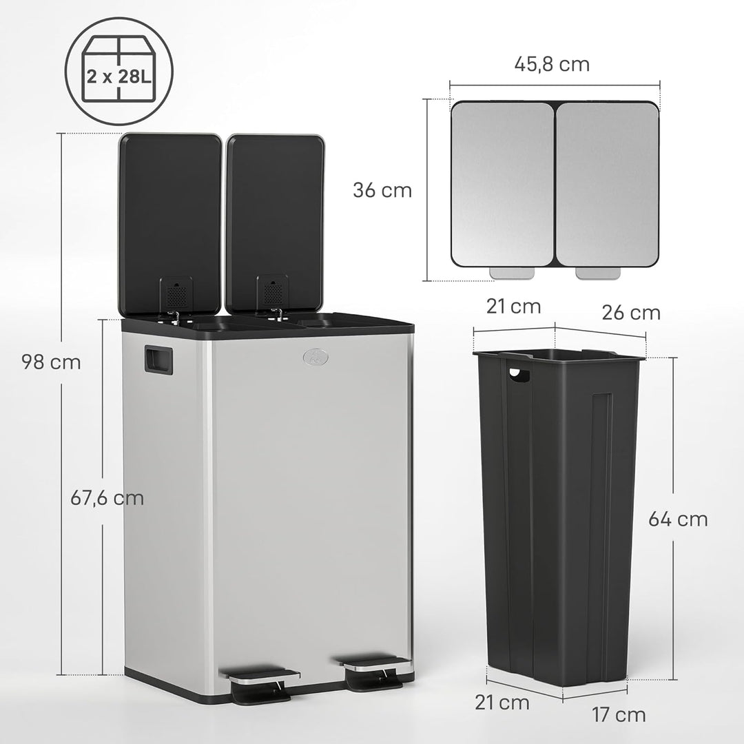 HOMCOM Doppelter Küchenabfalleimer, 2 x 28L, Treteimer aus Edelstahl, 2 sanft schliessende Deckel, h